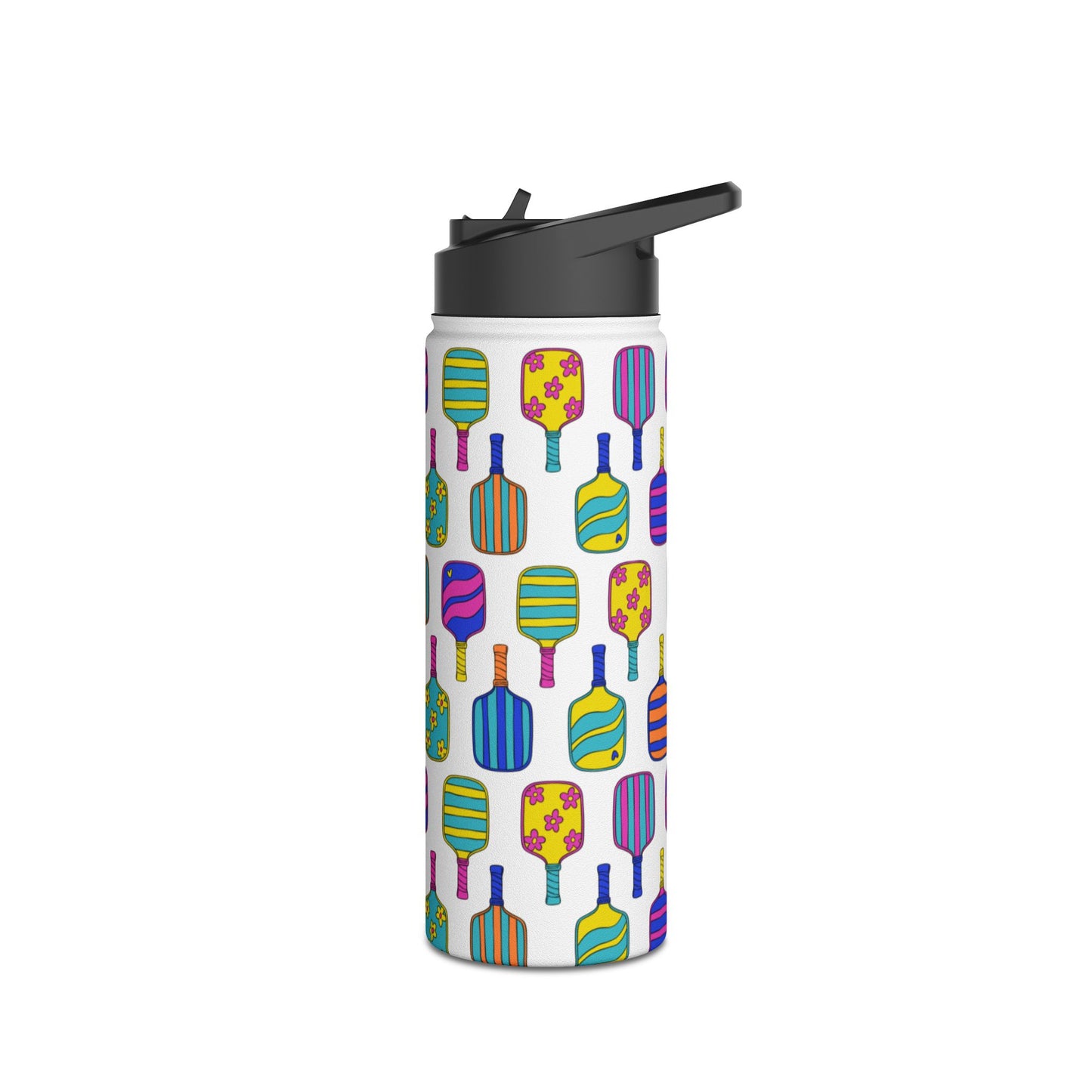 White stainless steel waterbottle with flip top patterned with bright colorful pickleball patterns