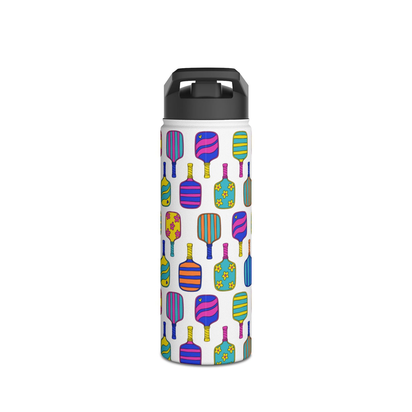 White stainless steel waterbottle with flip top patterned with bright colorful pickleball patterns