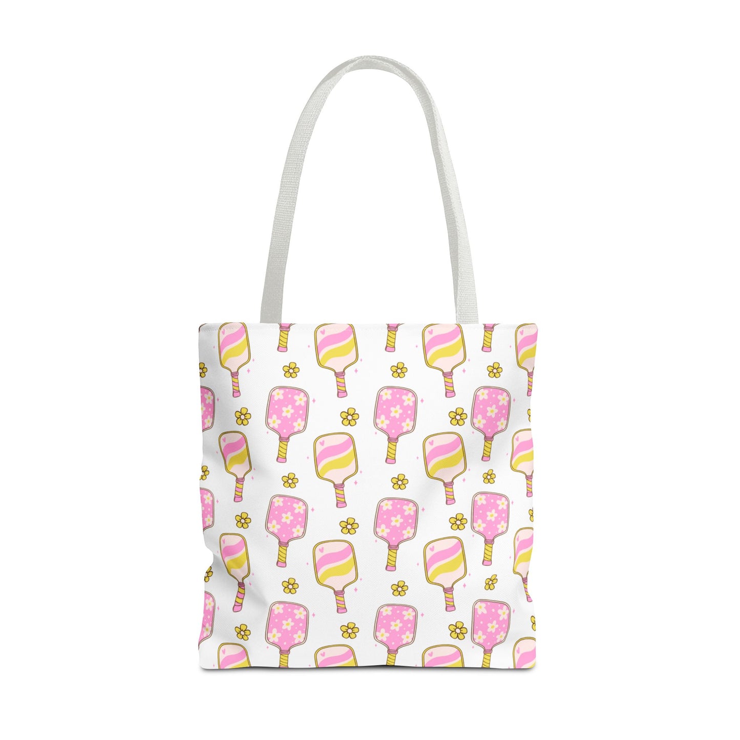 white polyester tote bag with pattern of light pink and yellow pickleball paddles
