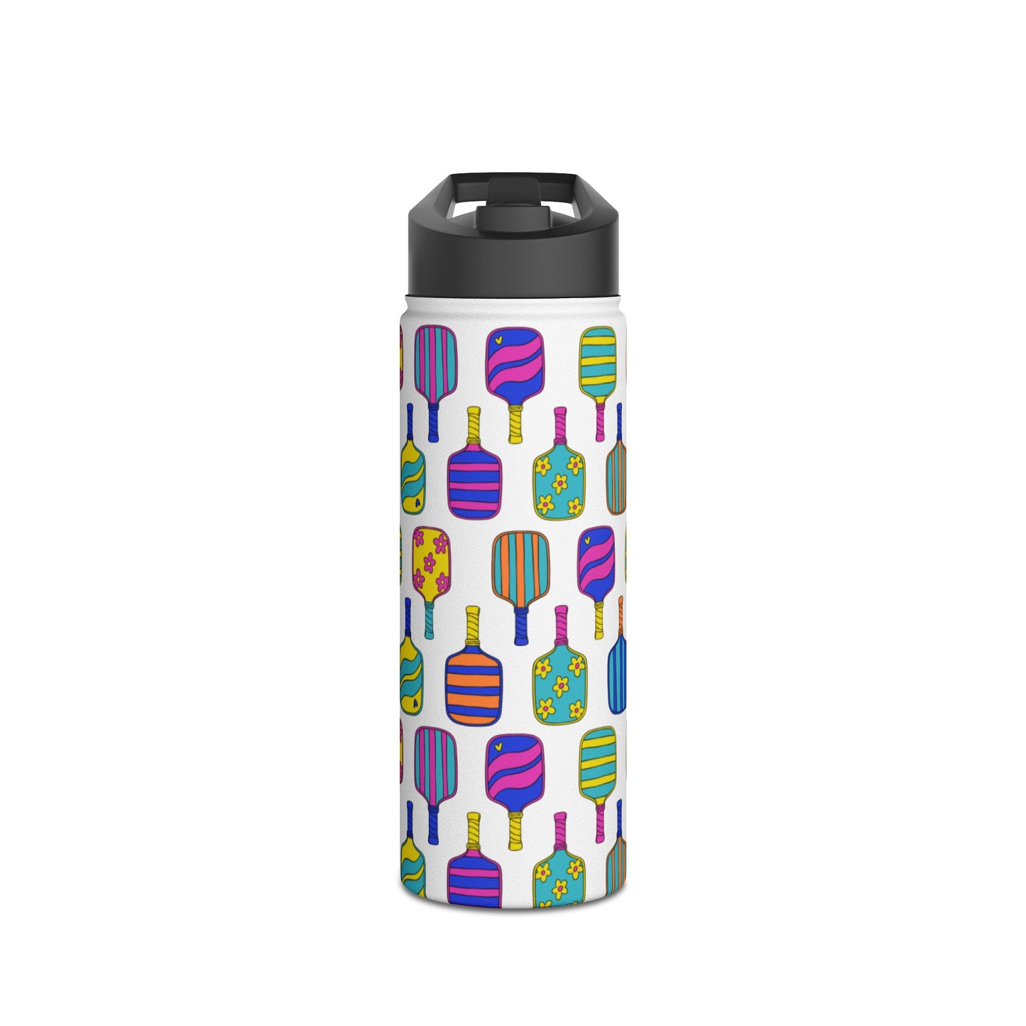 White stainless steel waterbottle with flip top patterned with bright colorful pickleball patterns