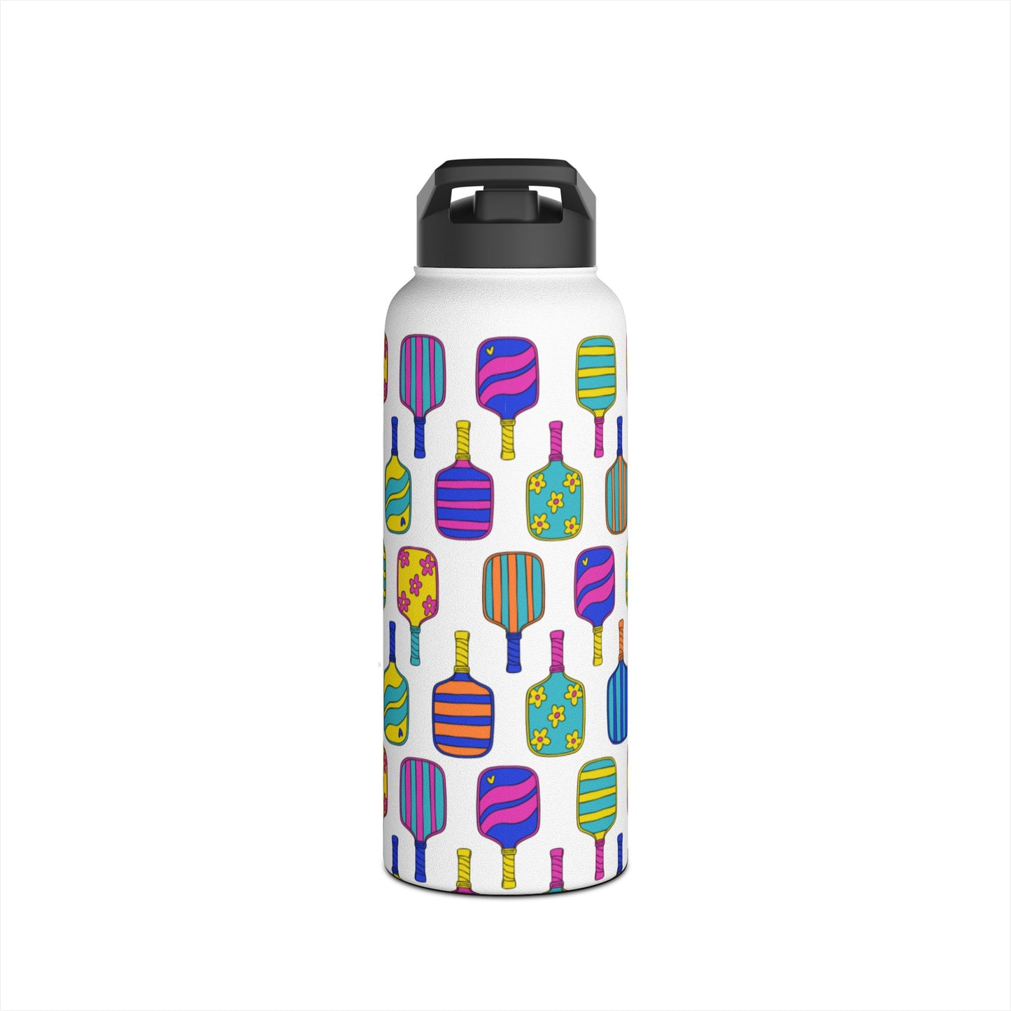 White stainless steel waterbottle with flip top patterned with bright colorful pickleball patterns
