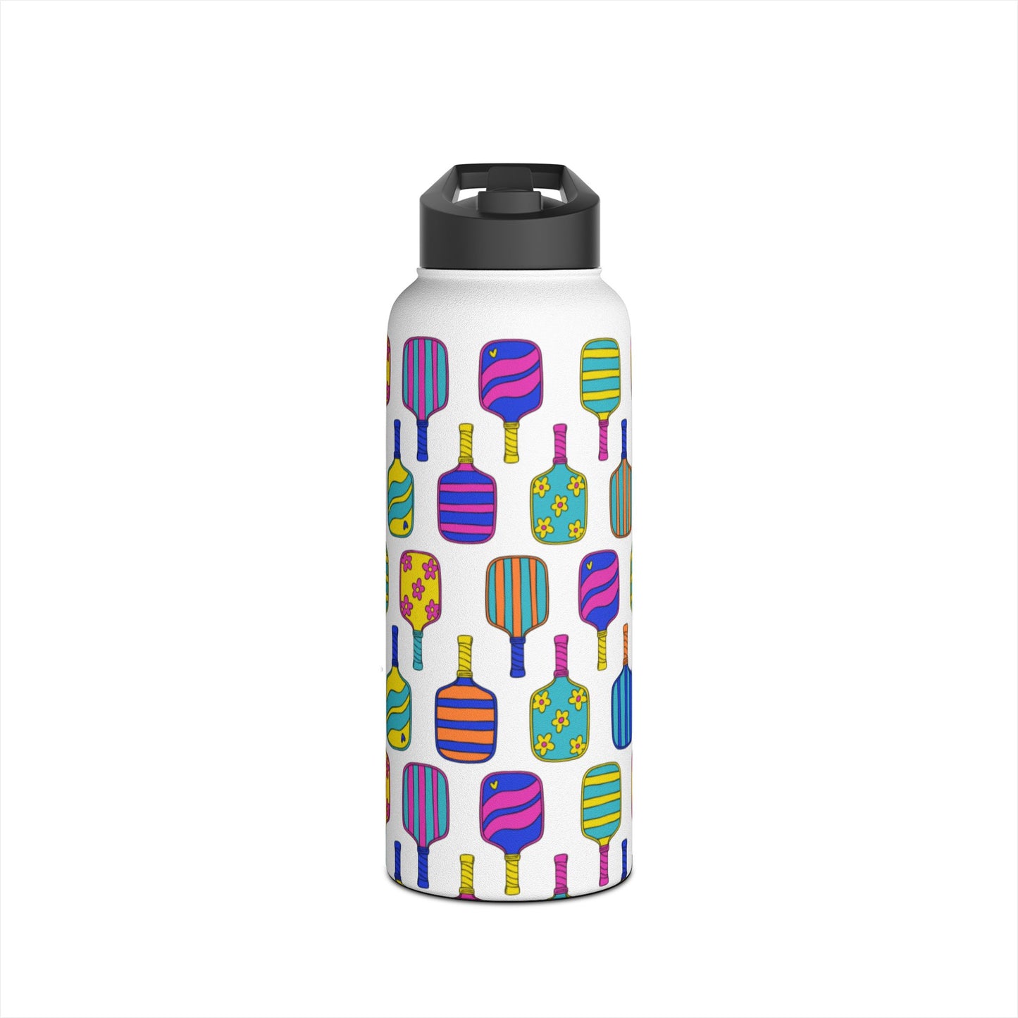 White stainless steel waterbottle with flip top patterned with bright colorful pickleball patterns