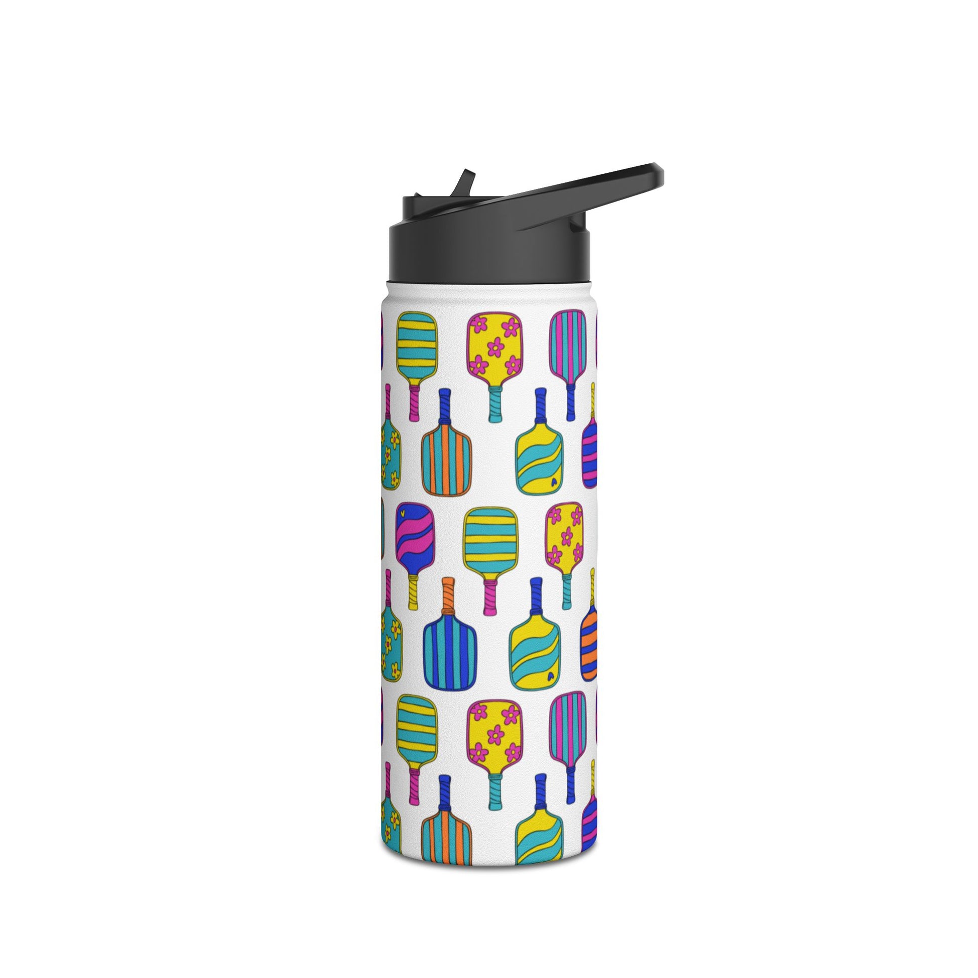 White stainless steel waterbottle with flip top patterned with bright colorful pickleball patterns