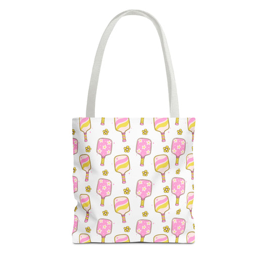 white polyester tote bag with pattern of light pink and yellow pickleball paddles