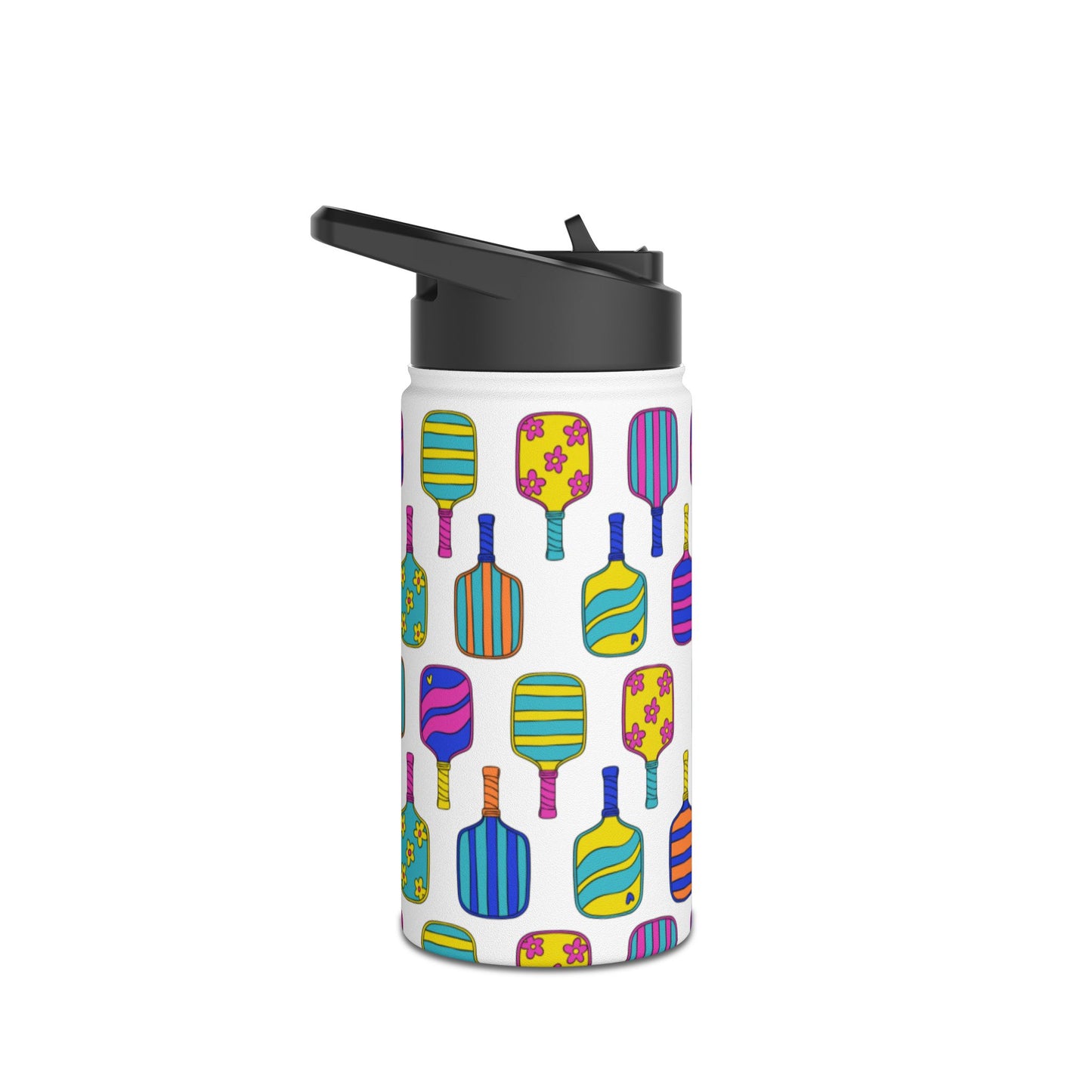 White stainless steel waterbottle with flip top patterned with bright colorful pickleball patterns
