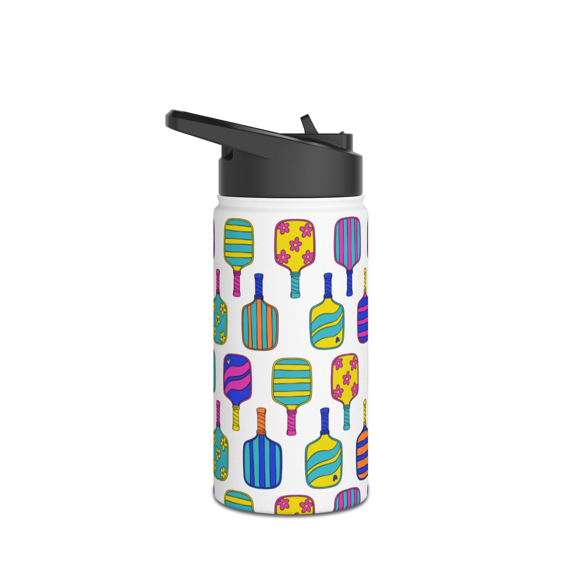 White stainless steel waterbottle with flip top patterned with bright colorful pickleball patterns