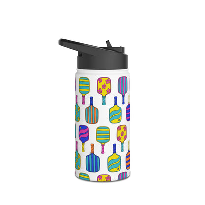 White stainless steel waterbottle with flip top patterned with bright colorful pickleball patterns
