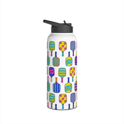 White stainless steel waterbottle with flip top patterned with bright colorful pickleball patterns