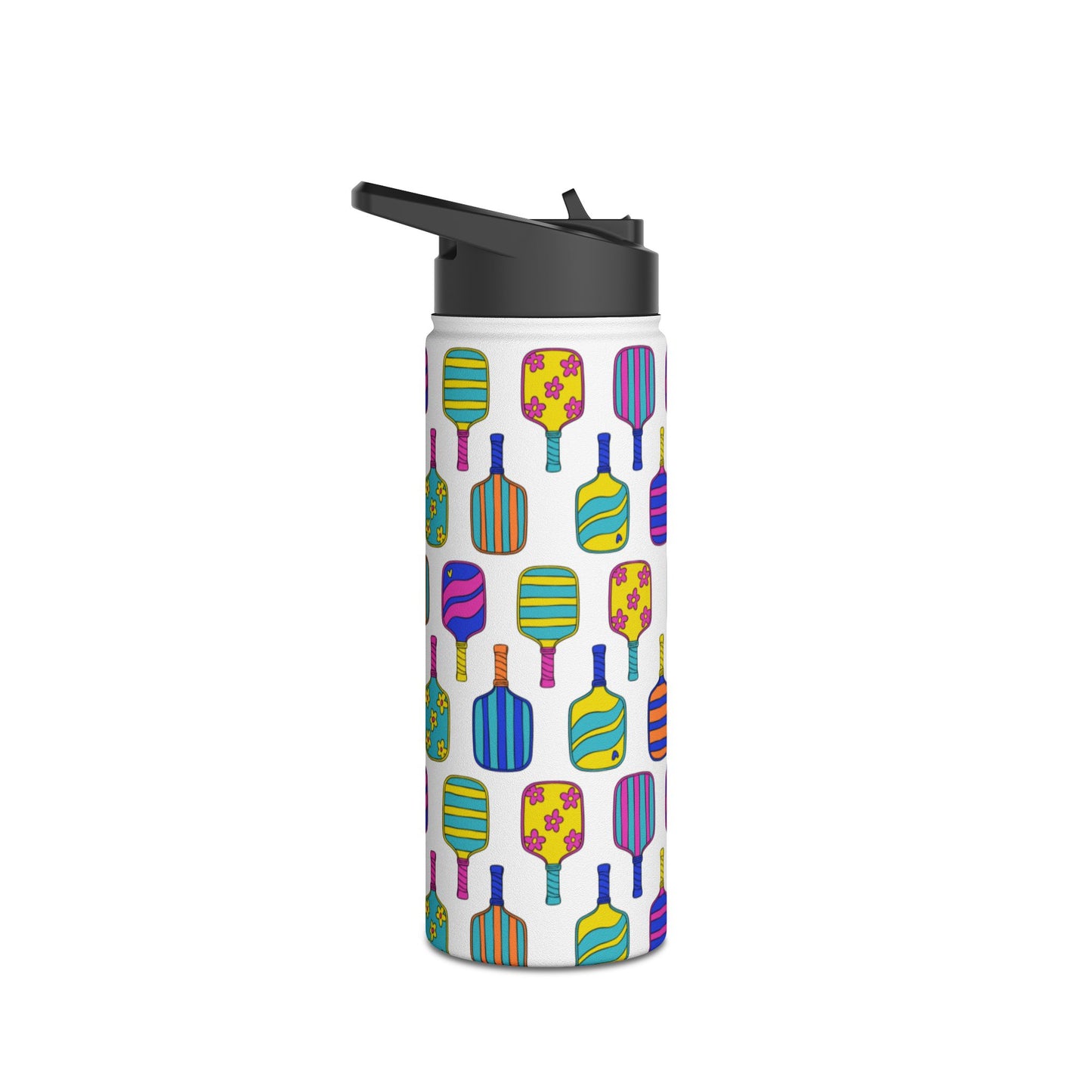 White stainless steel waterbottle with flip top patterned with bright colorful pickleball patterns