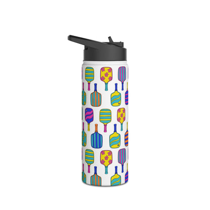 White stainless steel waterbottle with flip top patterned with bright colorful pickleball patterns
