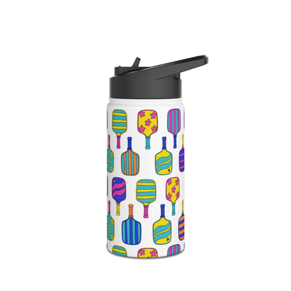 White stainless steel waterbottle with flip top patterned with bright colorful pickleball patterns