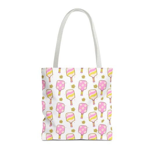 white polyester tote bag with pattern of light pink and yellow pickleball paddles