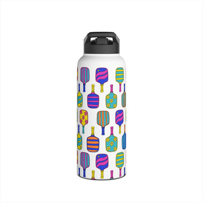 White stainless steel waterbottle with flip top patterned with bright colorful pickleball patterns