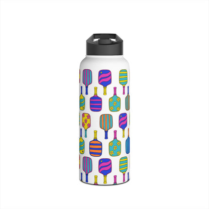 White stainless steel waterbottle with flip top patterned with bright colorful pickleball patterns