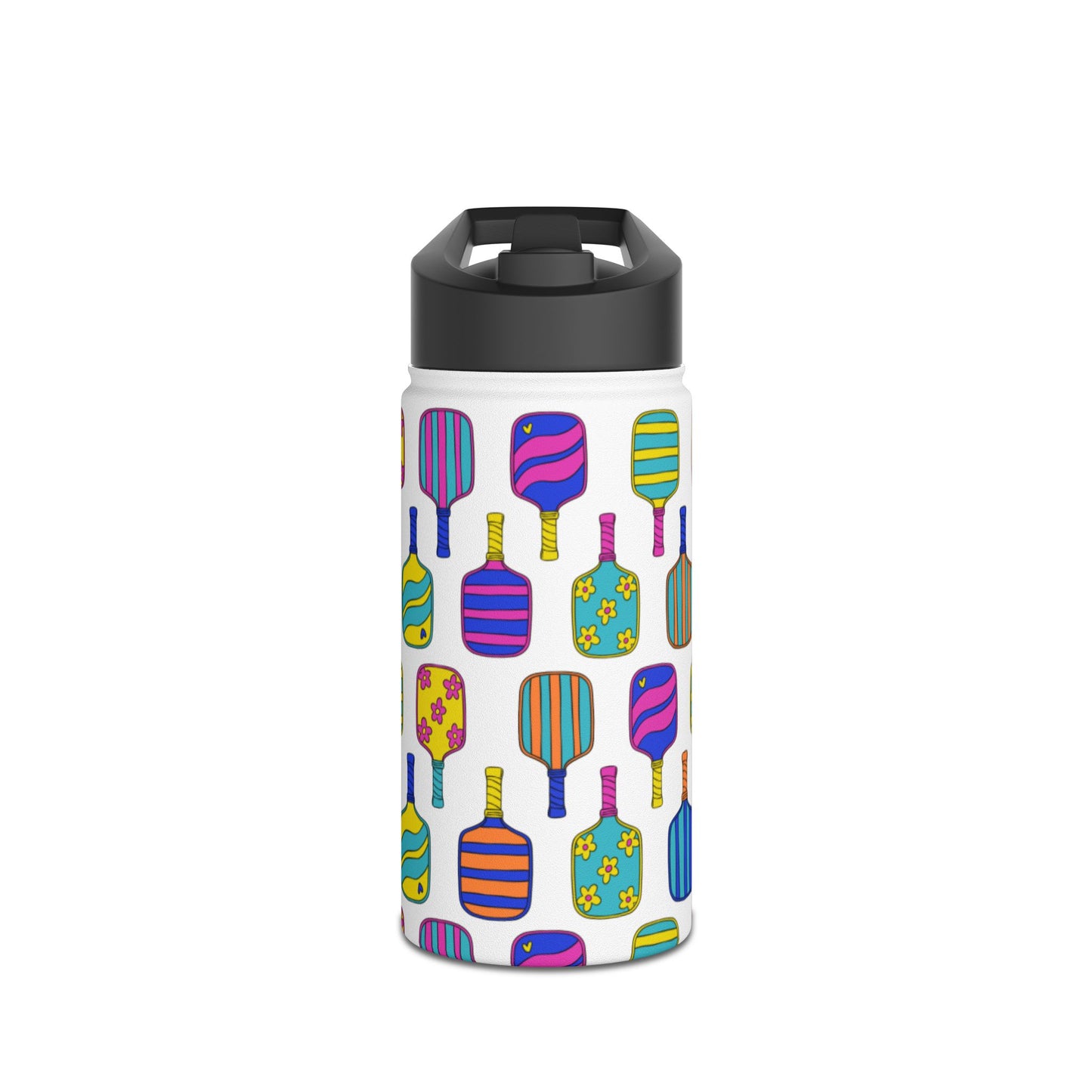 White stainless steel waterbottle with flip top patterned with bright colorful pickleball patterns