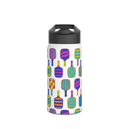 White stainless steel waterbottle with flip top patterned with bright colorful pickleball patterns
