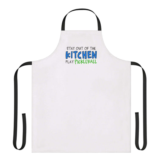 White Apron that says 'Stay out of the kitchen, play pickleball' on the front of it in handlettering.