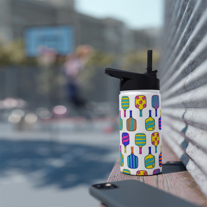 White stainless steel waterbottle with flip top patterned with bright colorful pickleball patterns