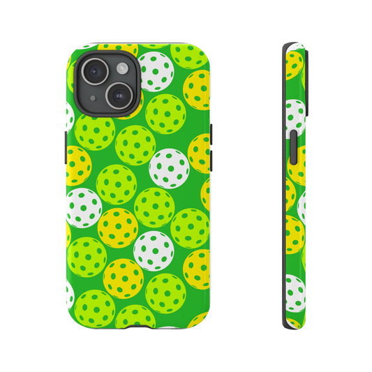 photo of green and yellow pickleball phone case with pickleballs all over it