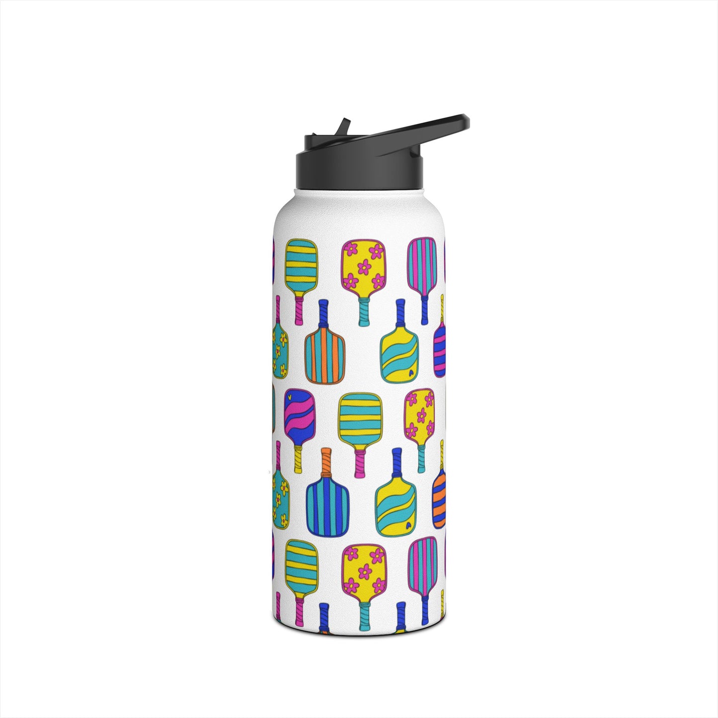 White stainless steel waterbottle with flip top patterned with bright colorful pickleball patterns