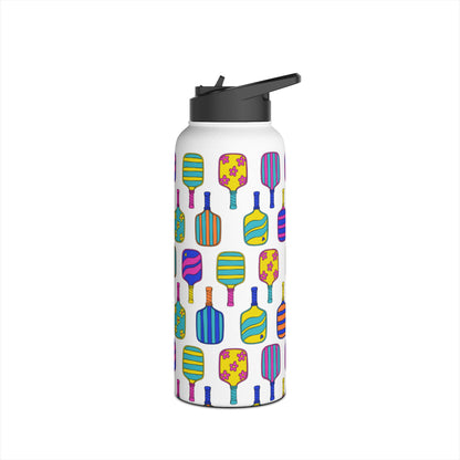 White stainless steel waterbottle with flip top patterned with bright colorful pickleball patterns